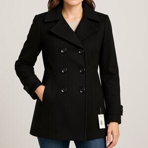 Anne Klein Black Double Breasted Wool Blend Peacoat – Size Small | NWT